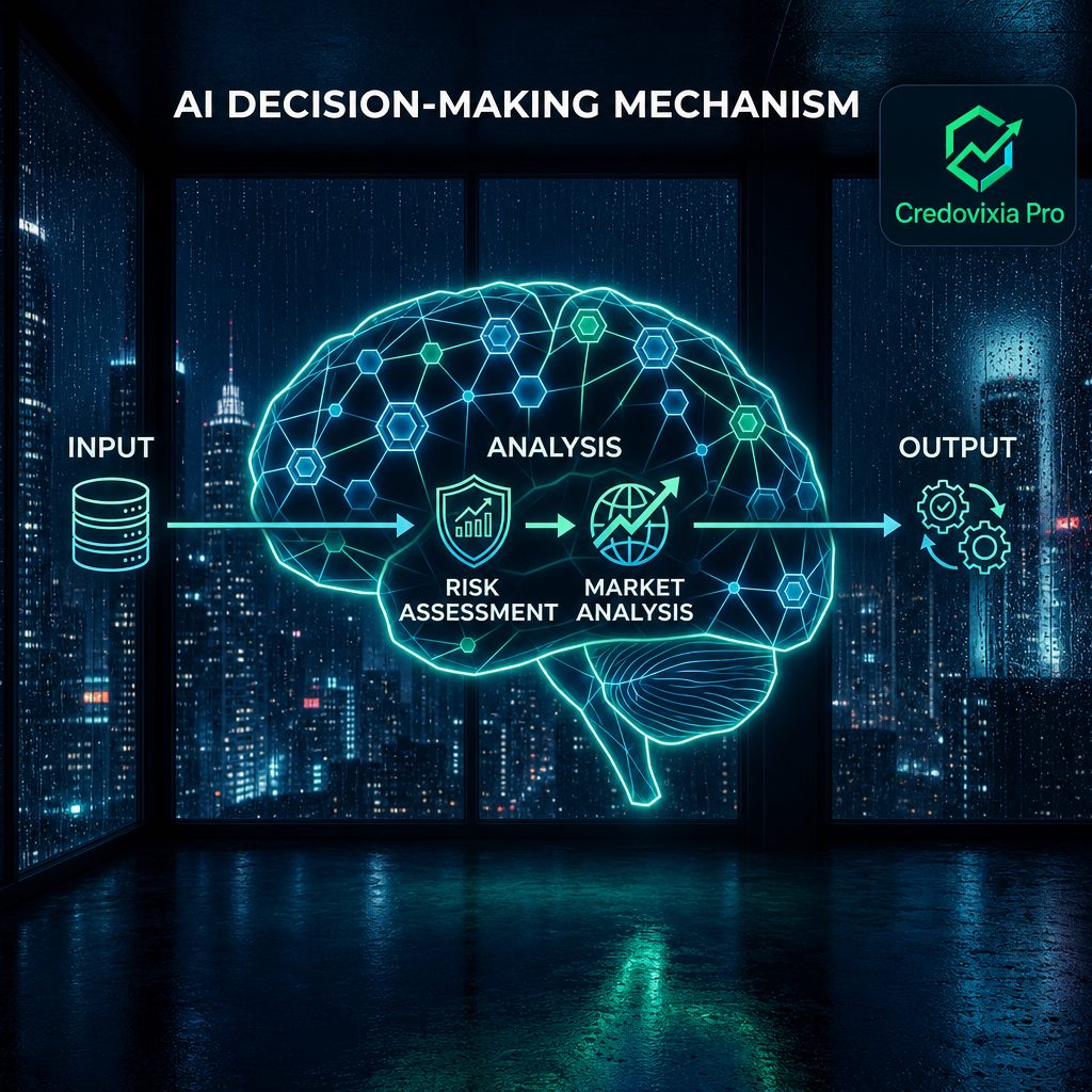 Diagrama del motor predictivo Credovixia Pro con nodos de analisis de riesgo y mercado en arquitectura neuronal