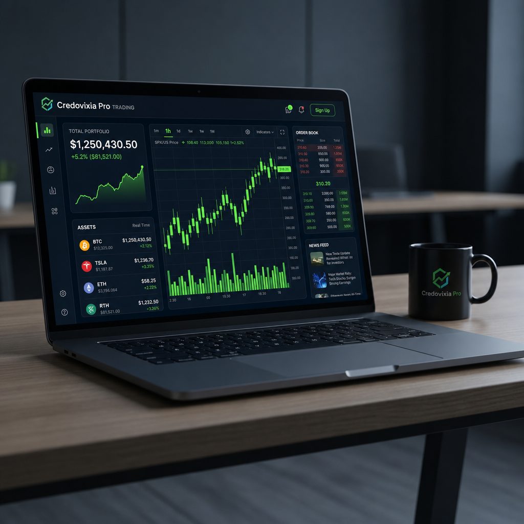 Terminal Credovixia Pro en notebook con tablero de trading en vivo y curva de rendimiento en verde