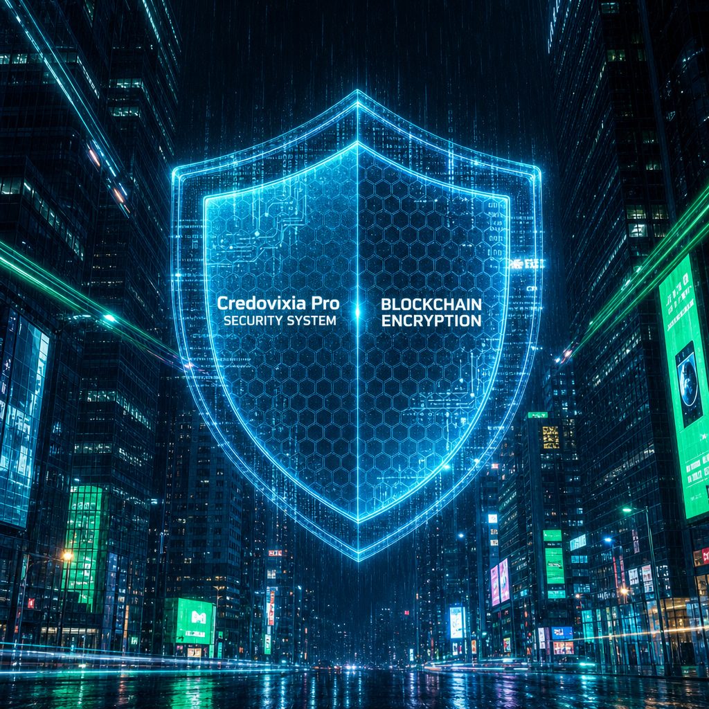 Escudo digital Credovixia Pro sobre arquitectura urbana representando proteccion multicapa de activos