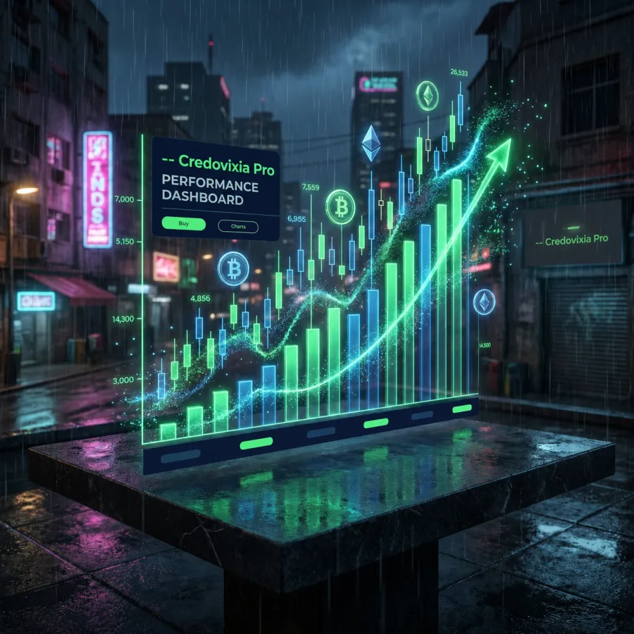 Tablero de rendimiento Credovixia Pro con curvas verdes ascendentes proyectadas en pantalla urbana